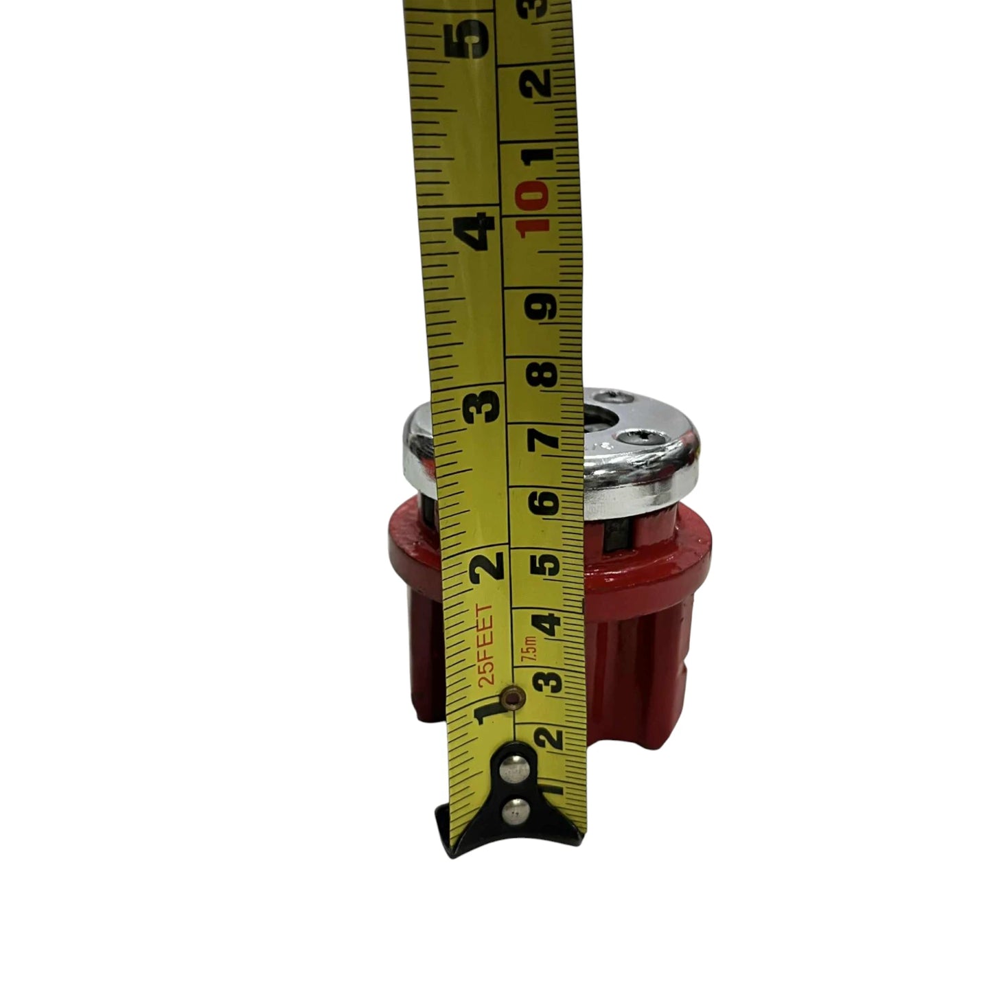Red pipe die head with silver cap and tape measure showing 3 inch height for ratchet pipe threader set from China