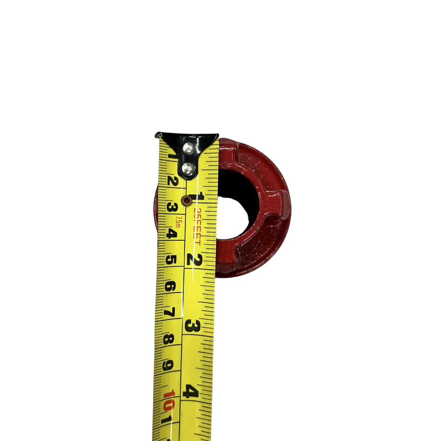 Red cast iron die head with tape measure showing 2 inch opening for ratchet pipe threader set