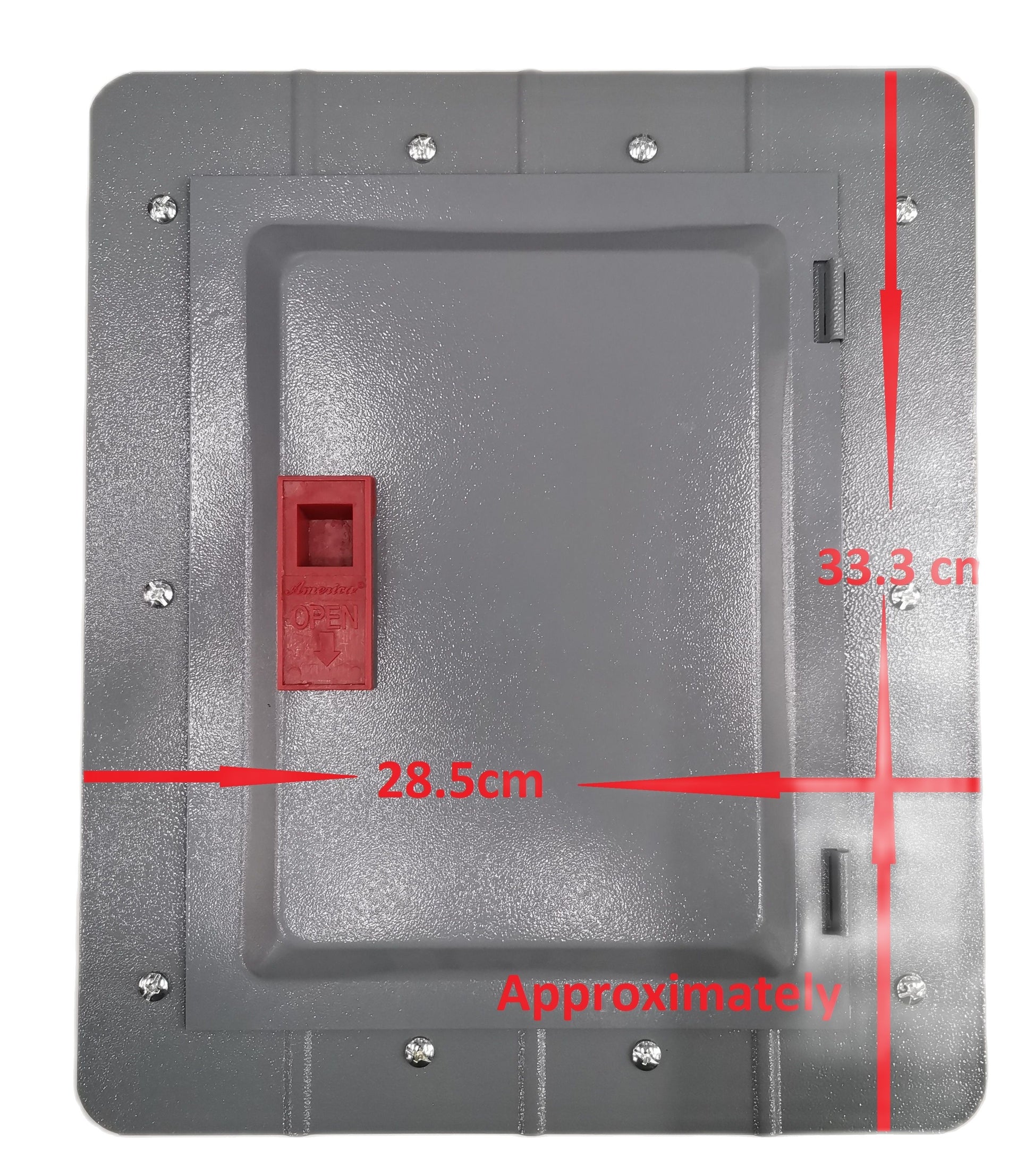 Gray 4x4 panel board TQL electrical enclosure with red latch and screw mount points