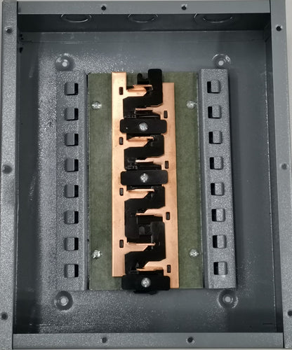 4x4 panel board TQL electrical circuitry part with copper bus bar and black connectors inside gray metal enclosure