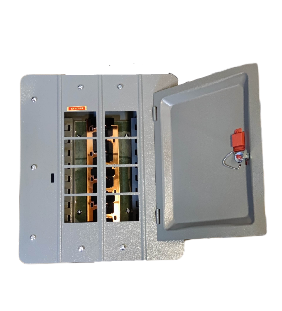 America 4x4 panel board TQL electrical circuit breaker box with open gray metal door