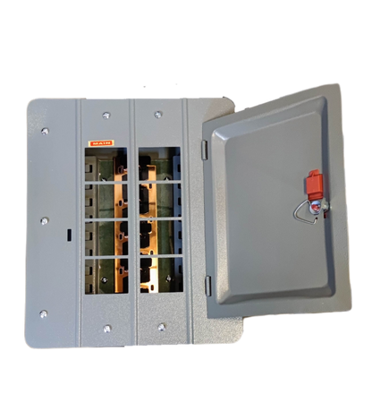 America 4x4 panel board TQL electrical circuit breaker box with open gray metal door