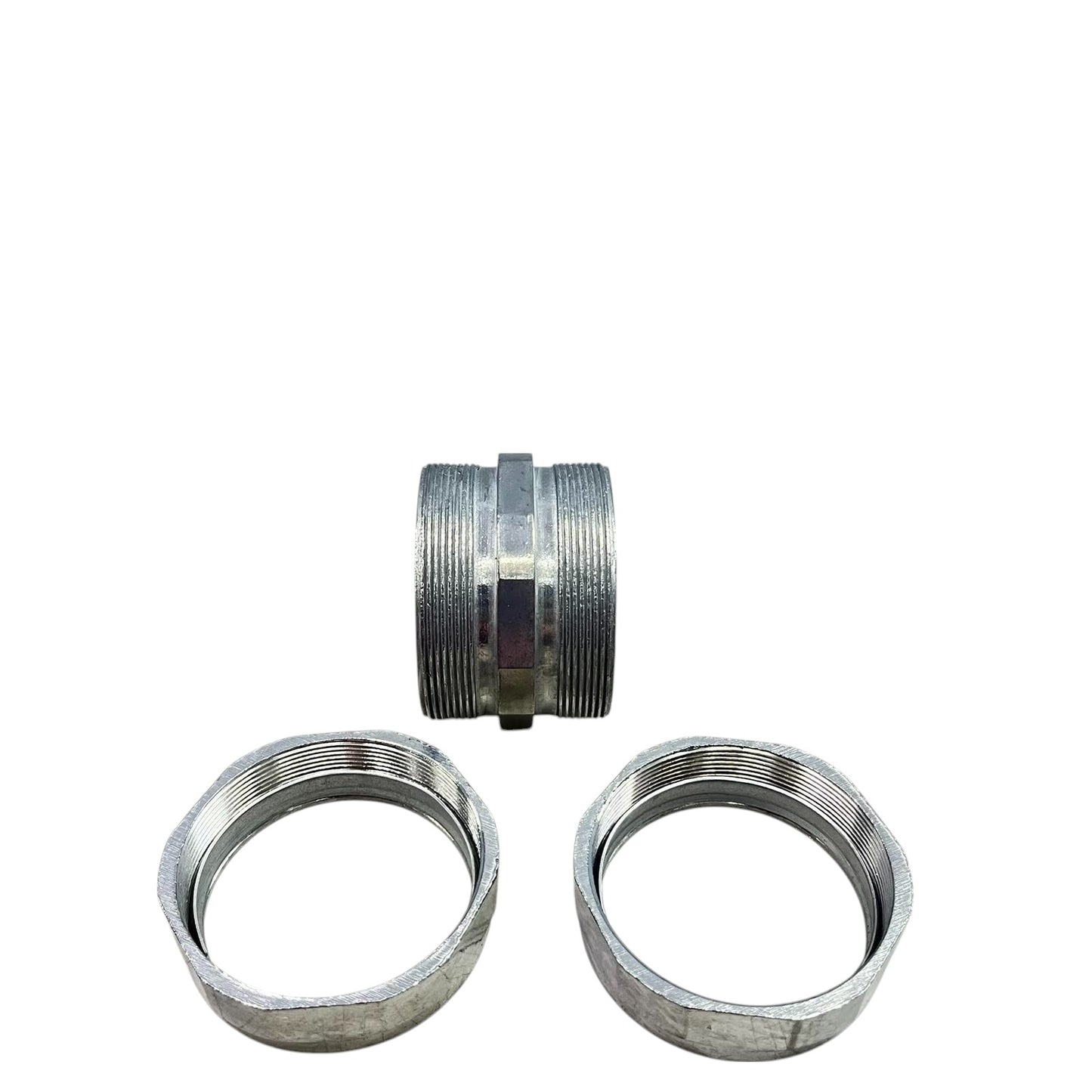 EMT Coupling Compression Type 50mm galvanized steel conduit coupling with two compression nuts and threaded body