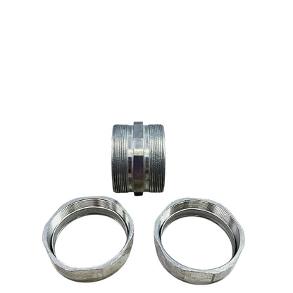 EMT Coupling Compression Type 50mm galvanized steel conduit coupling with two compression nuts and threaded body