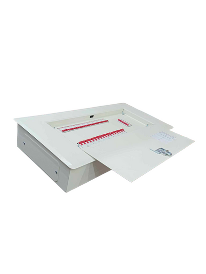 Himel 100A 3 phase panel board recessed white metal distribution box with open hinged cover showing breakers