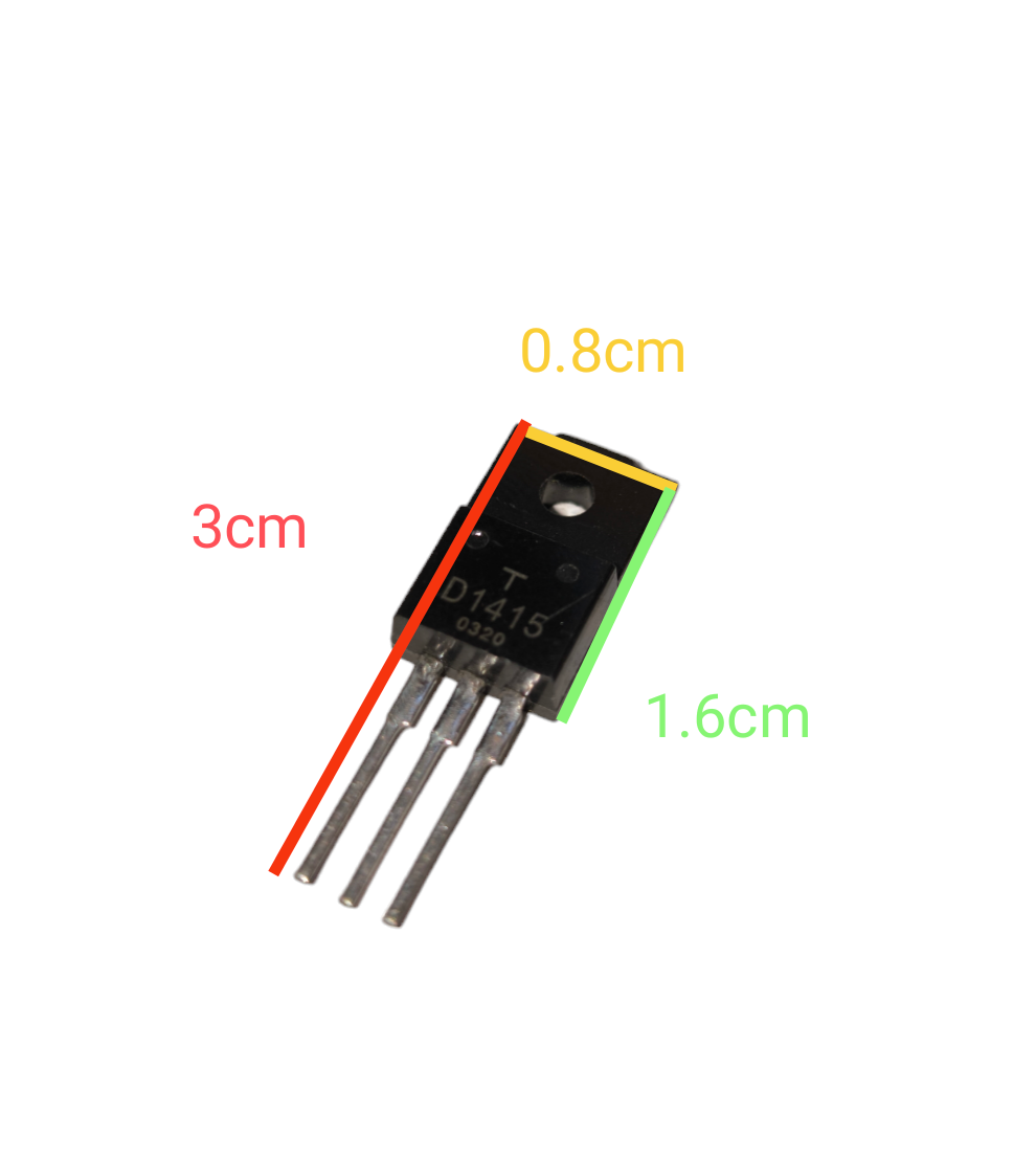 Black transistor electronic component with three metal legs and measurements for Transistor Different Kinds