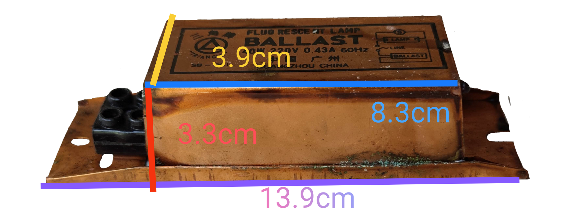 Triangle 40W Magnetic Ballast 0.43A electrical component with copper casing and mounting holes