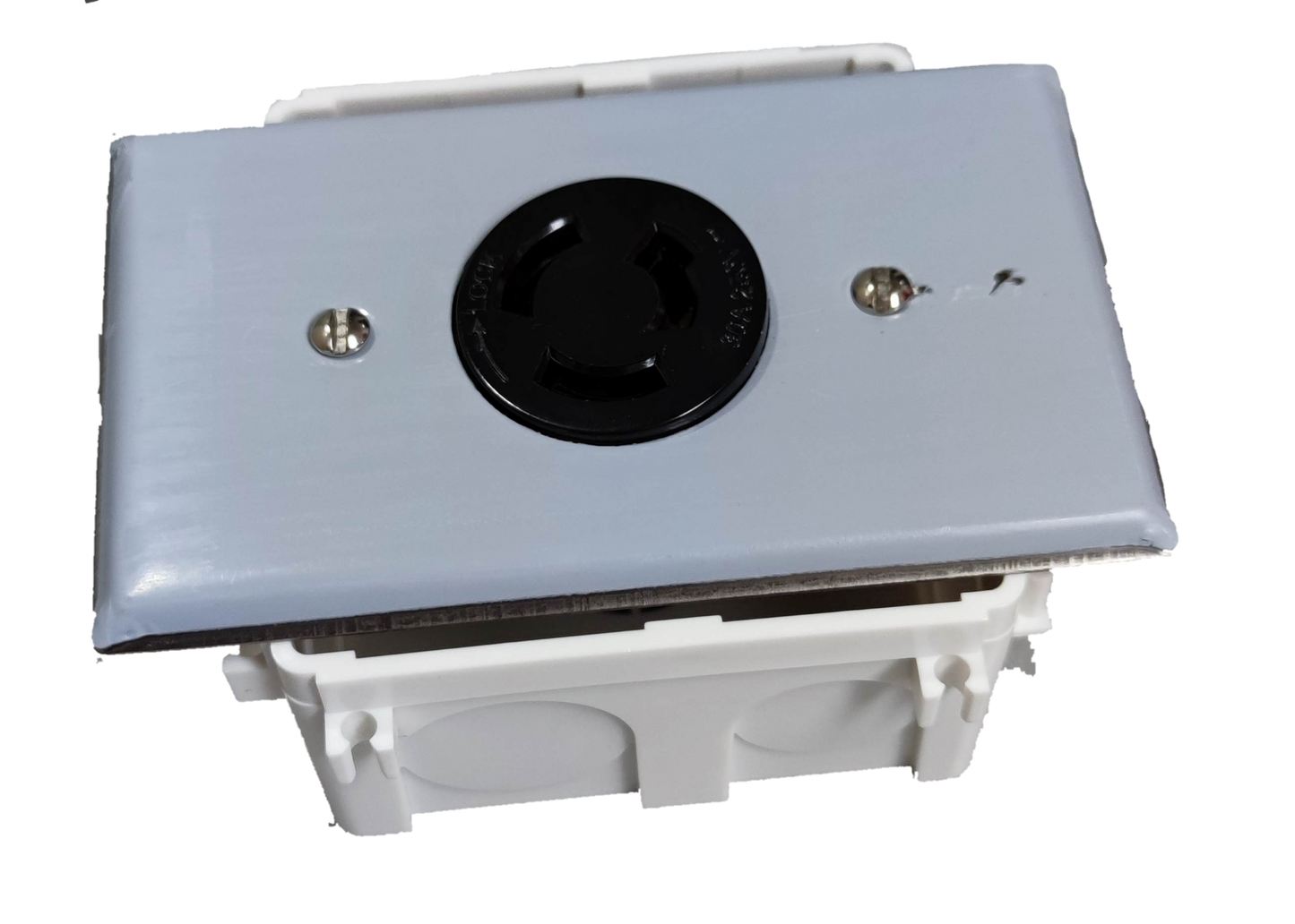 Grippes stainless steel wall plate with black 30A twist lock outlet 3P mounted in white electrical box