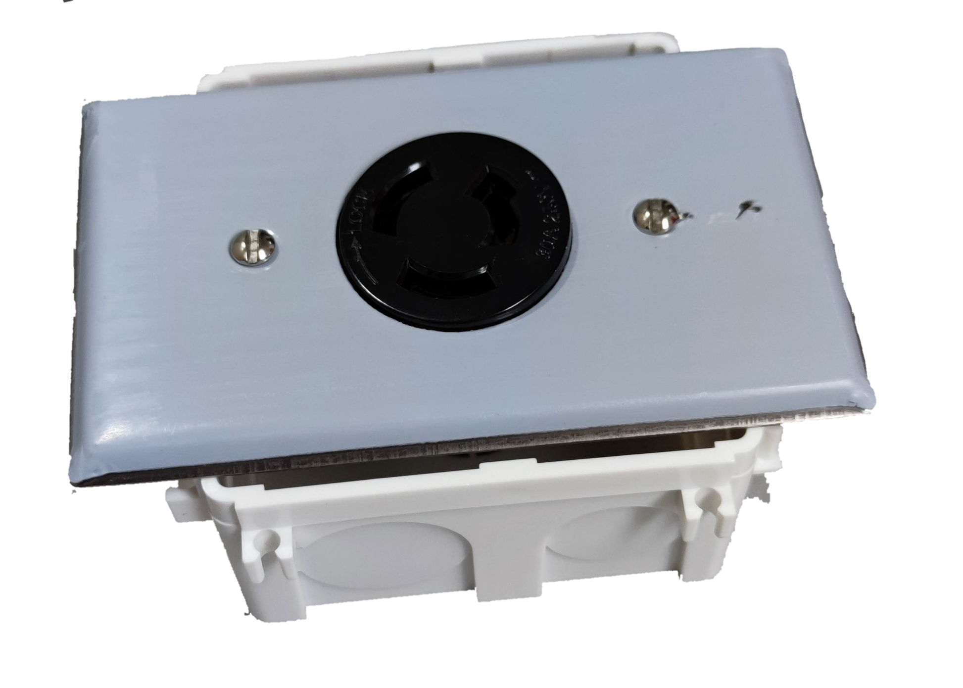 Grippes stainless steel wall plate with black 30A twist lock outlet 3P mounted in white electrical box