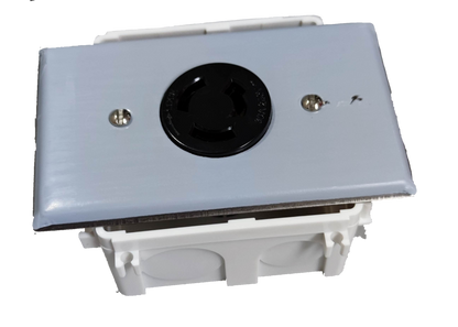 Grippes stainless steel wall plate with black 30A twist lock outlet 3P mounted in white electrical box