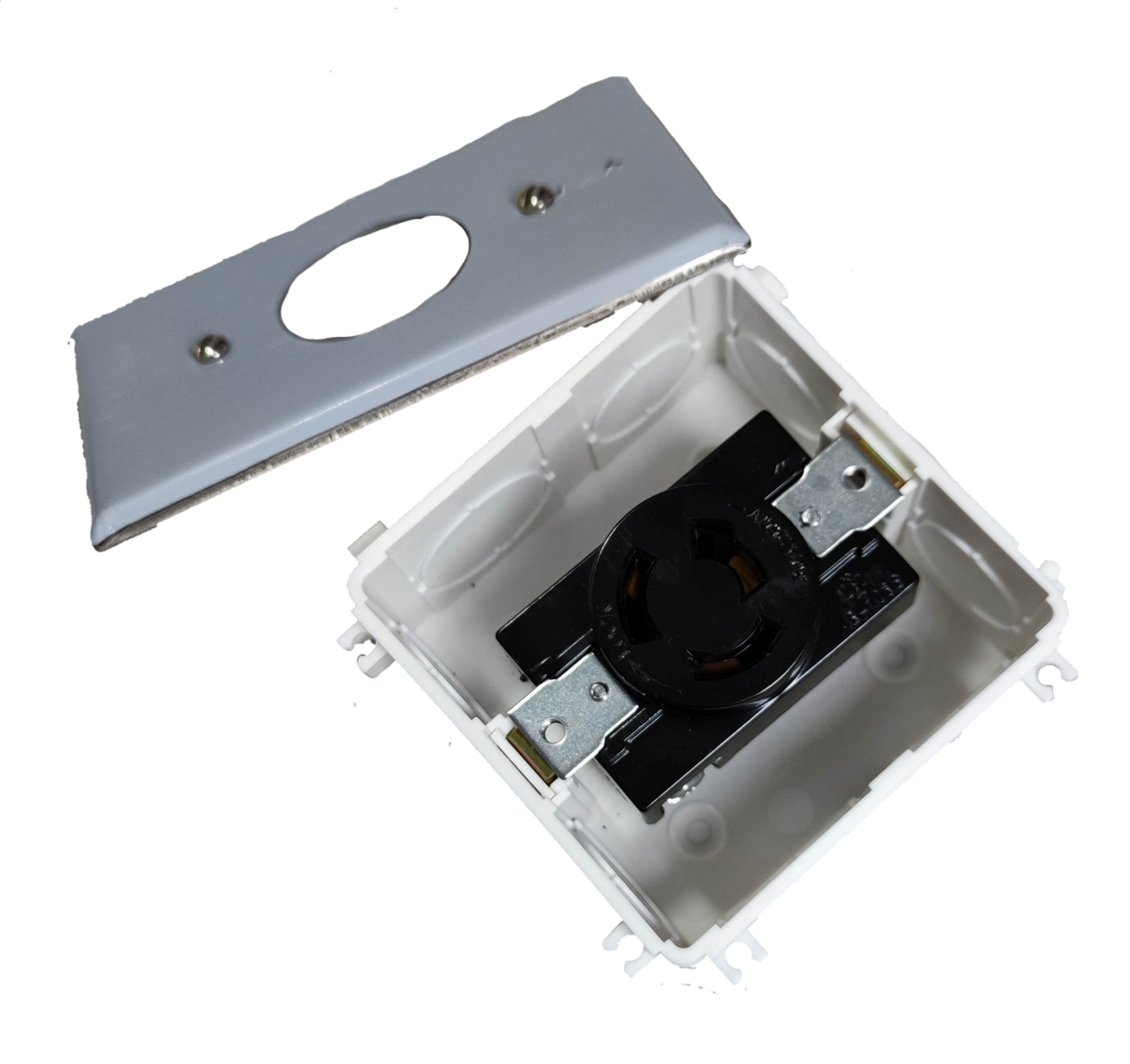 Grippes 30A twist lock outlet 3P mounted in white recessed electrical box with removable cover plate