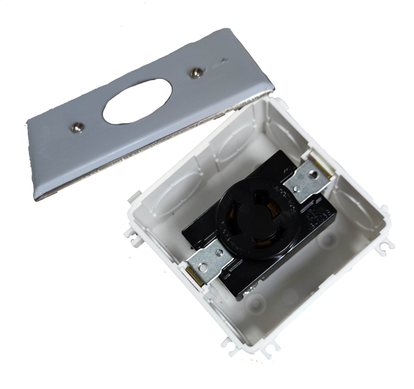 Grippes 30A twist lock outlet 3P mounted in white recessed electrical box with removable cover plate