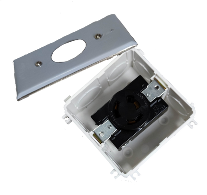 Grippes 30A twist lock outlet 3P mounted in white recessed electrical box with removable cover plate