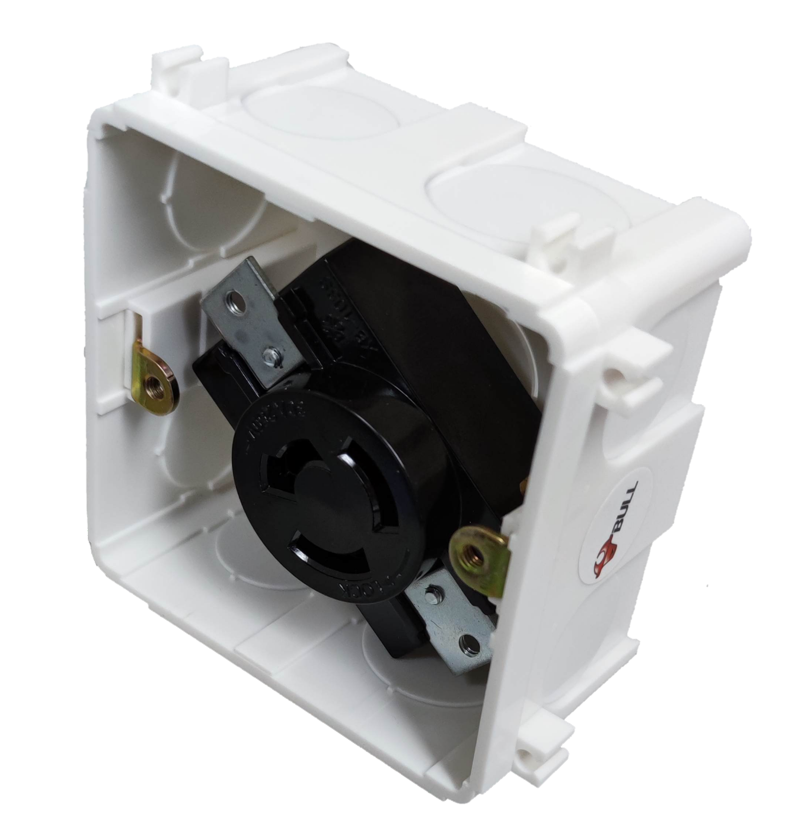 Grippes 30A twist lock outlet 3P mounted in white electrical box for secure industrial power