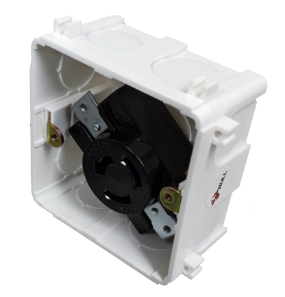 Grippes 30A twist lock outlet 3P mounted in white electrical box for secure industrial power