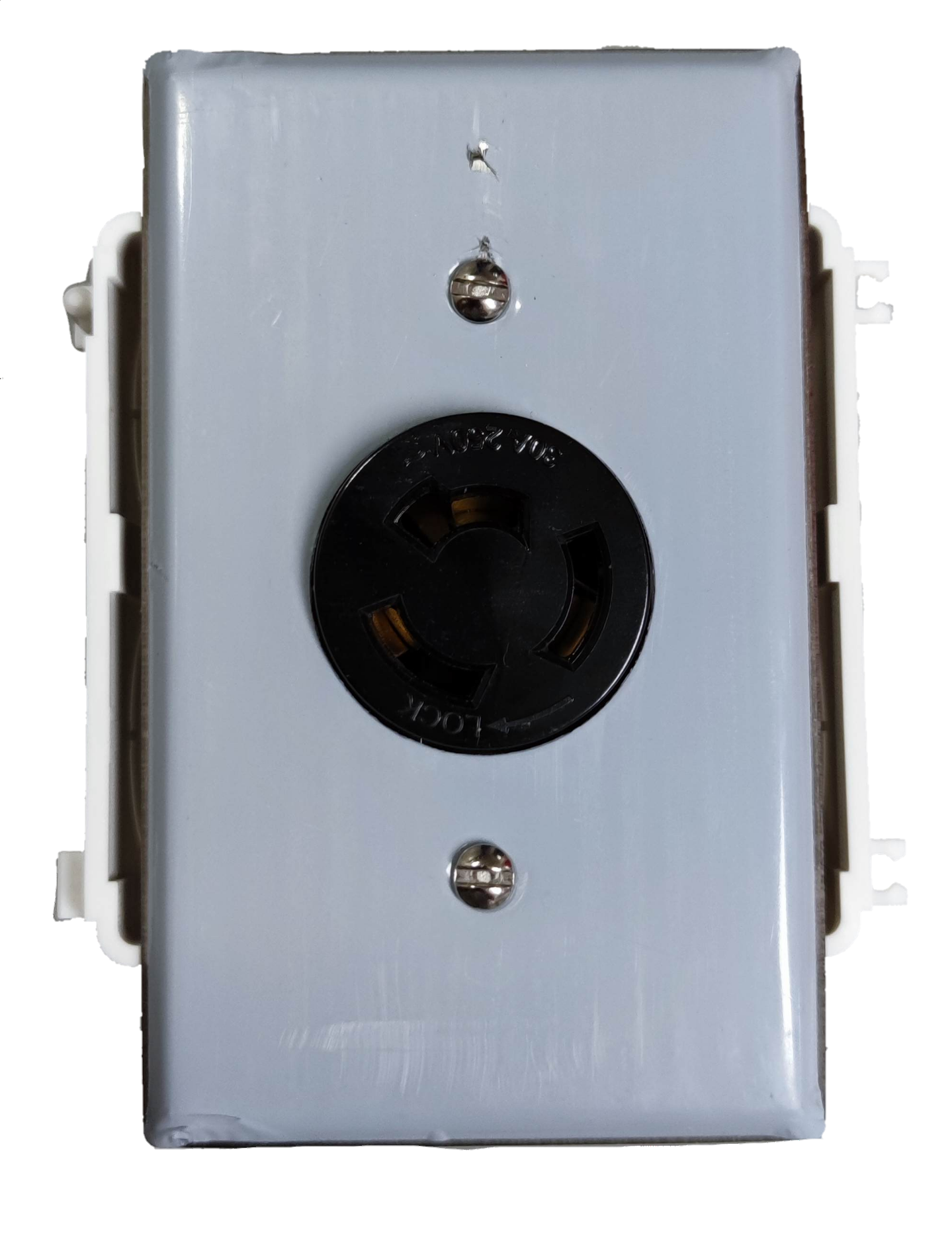 Grippes 30A twist lock outlet 3P in black receptacle mounted on white wall plate with visible screws