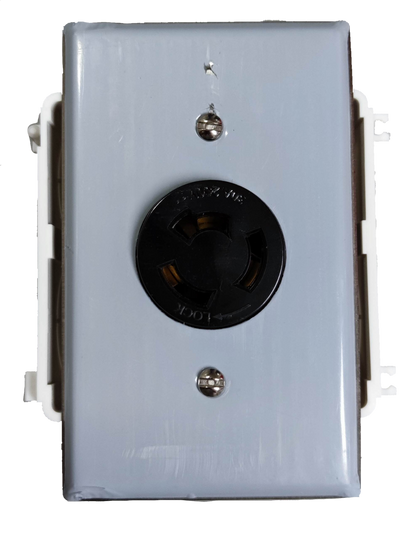 Grippes 30A twist lock outlet 3P in black receptacle mounted on white wall plate with visible screws