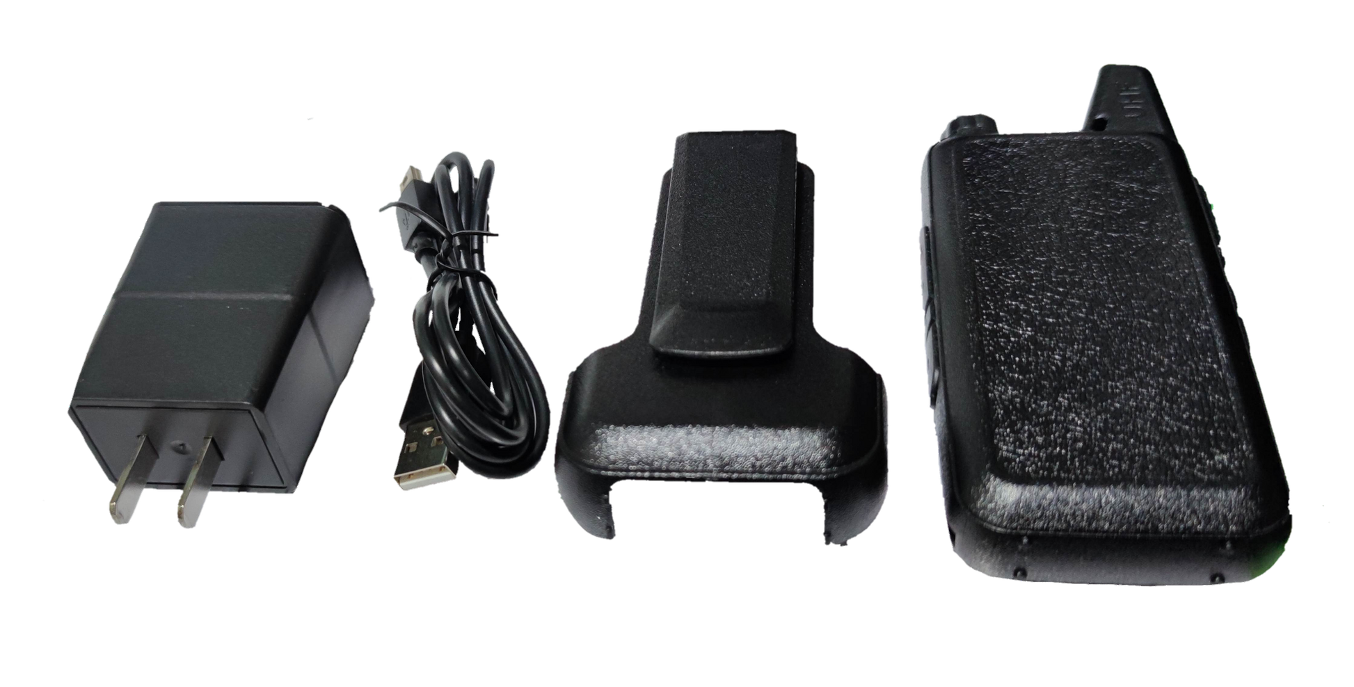 WLW Two-Way Radio 400-470Hz Black with charger, USB cable, and belt clip accessories