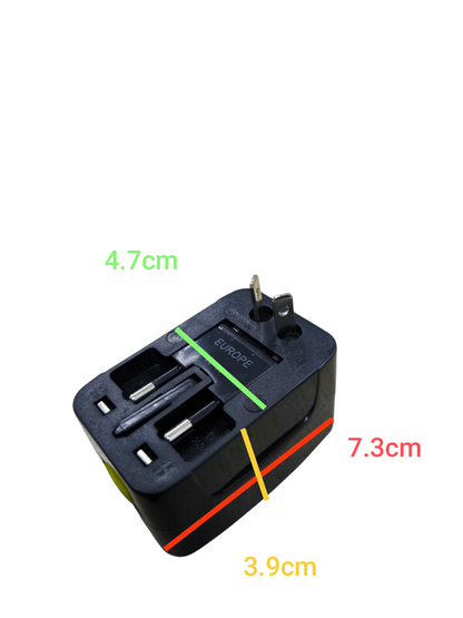 Compact Type G to Type F adapter for Europe power plug with measurements for travel use