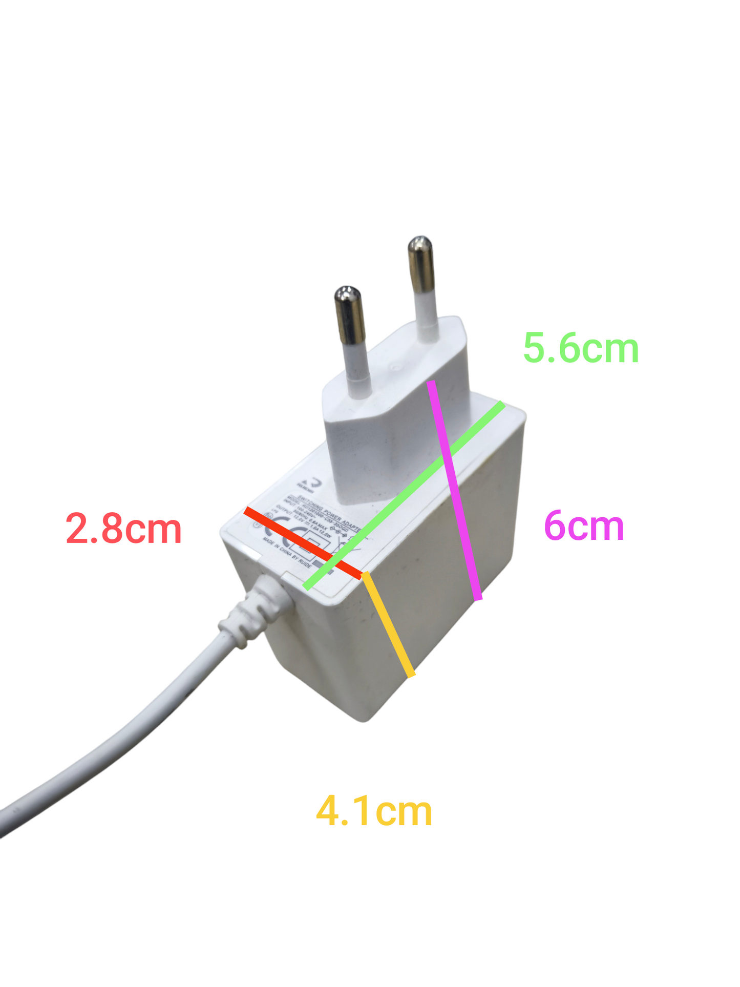 Type G to Type F adapter for Europe white power adapter with measurements for size reference
