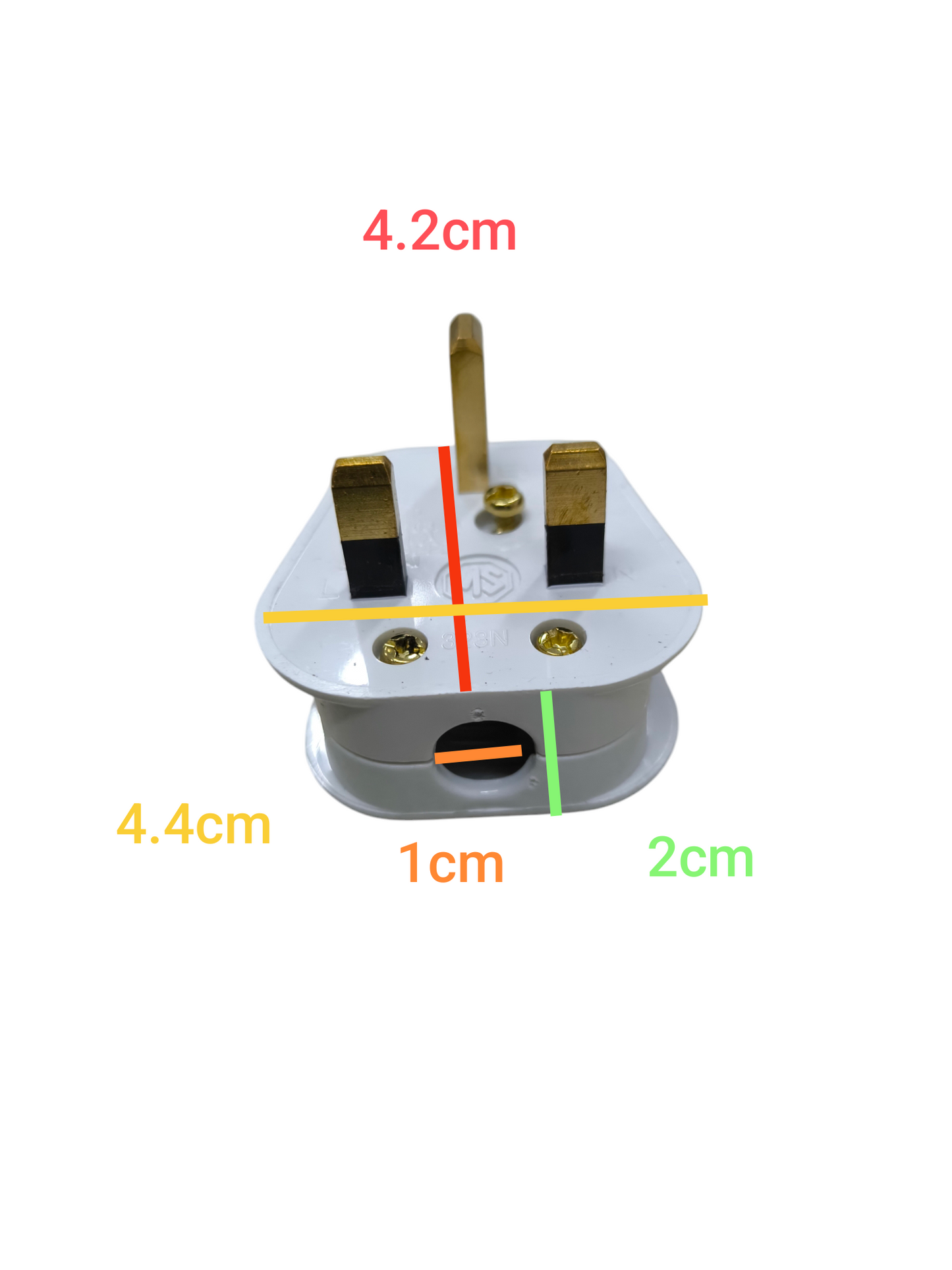 Type G UK plug with fuse showing size dimensions in white plastic and brass pins