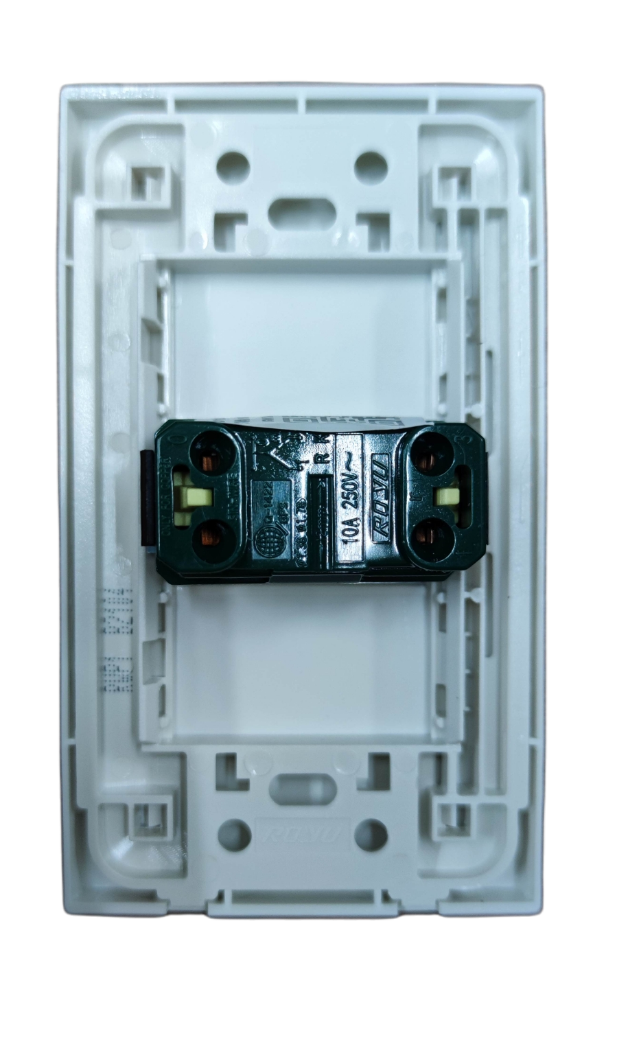 Royu white 1 gang 3 way light switch 10A 250V rear view with mounting plate and terminal screws