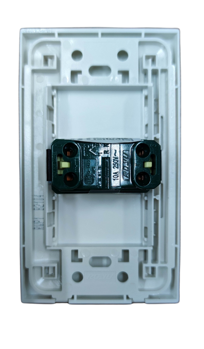 Royu white 1 gang 3 way light switch 10A 250V rear view with mounting plate and terminal screws