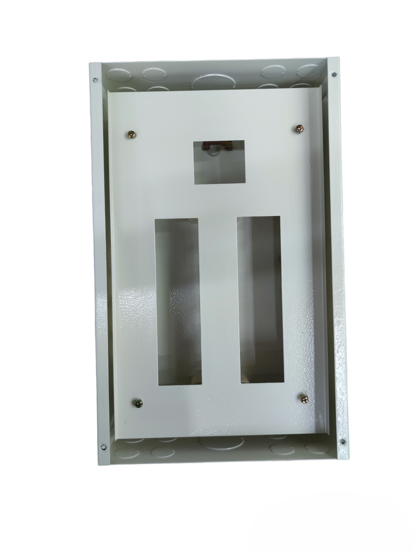 White metal electrical box with two vertical breaker slots and small square cutout 125A panel board 2 pole 8 Branches .