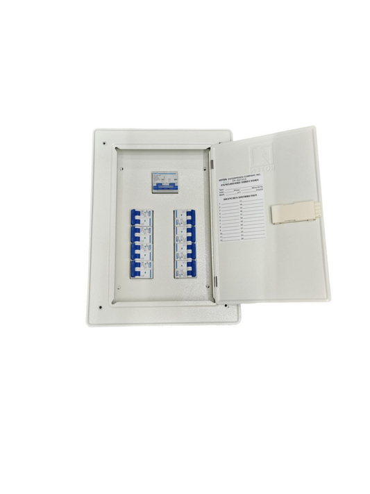 White metal electrical panel with blue circuit breakers and label Chint and Koten and Royu 125A panel board 2 pole 8 Branches .