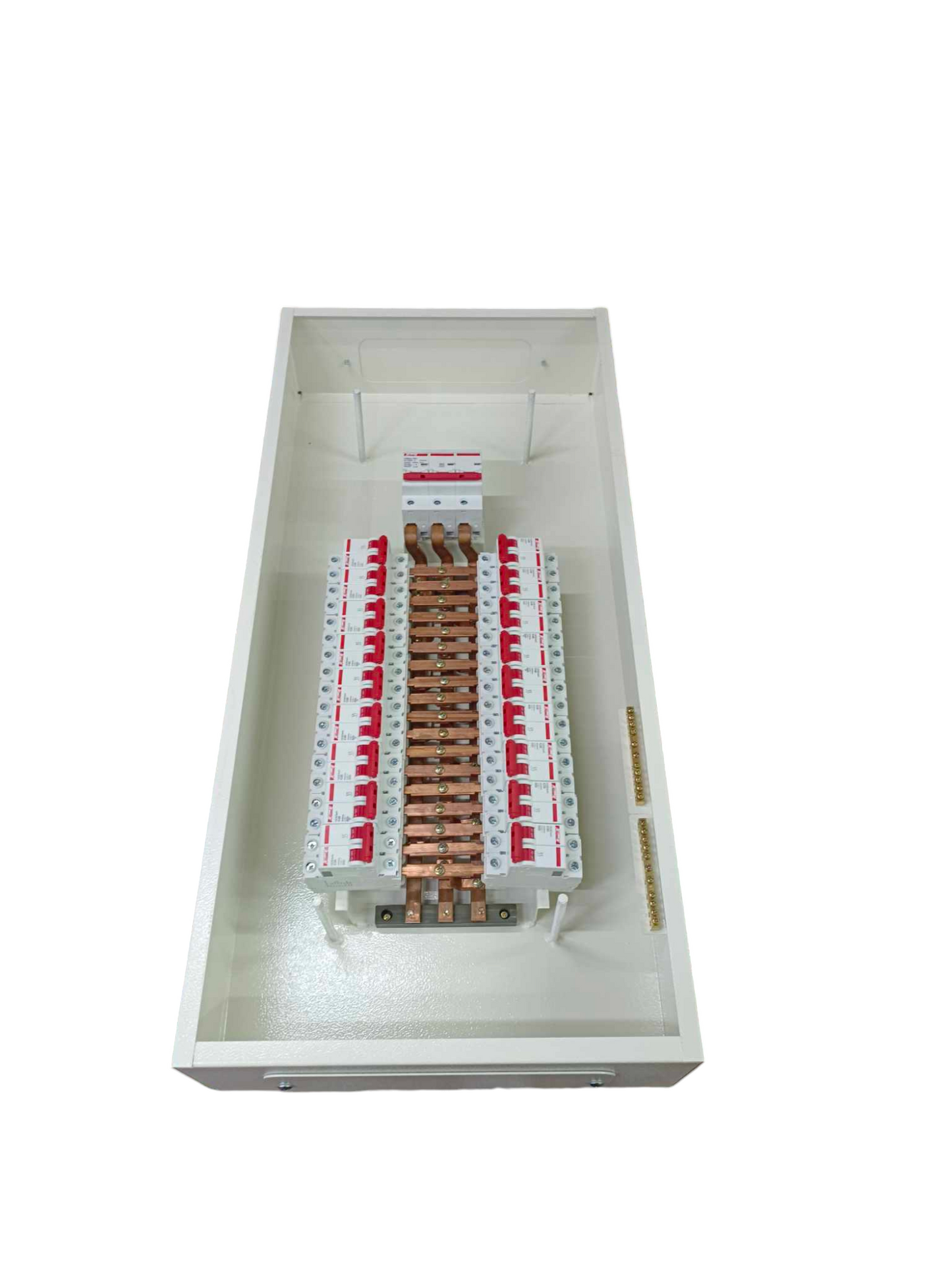 Himel 125A panel board 3 phase metal enclosure with copper busbars and rows of white circuit breakers