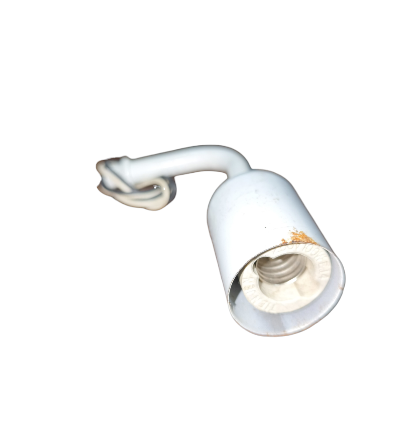 White E14 porcelain socket with wire lamp holder from China showing curved arm and light rust