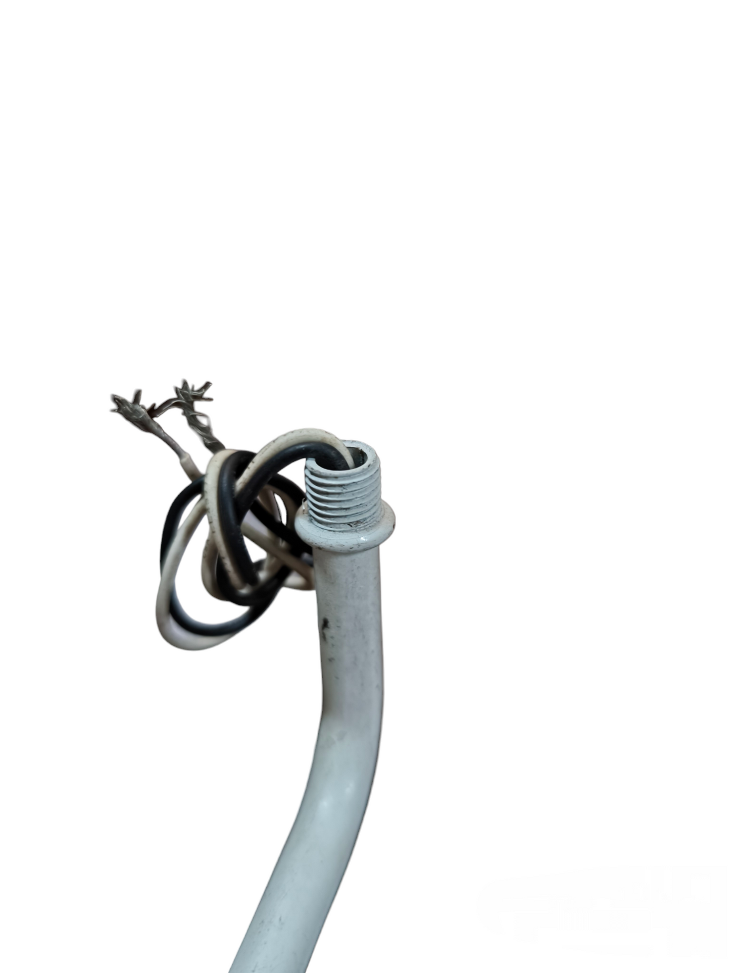 E14 porcelain socket with wire attached to white curved lamp holder showing stripped wire ends for fixture installation