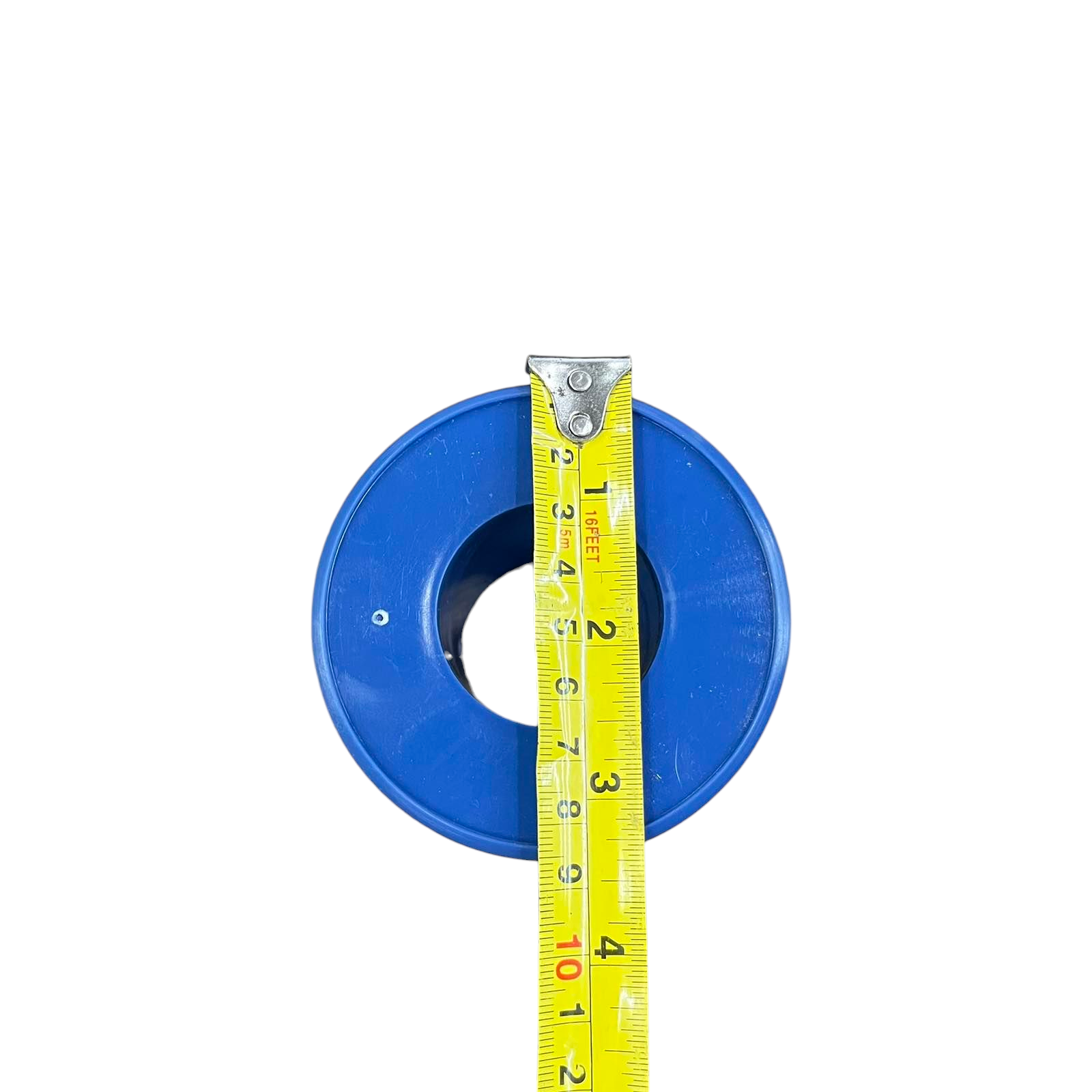Blue small plastic wire spool from China shown with measuring tape for handicraft projects and jewelry making