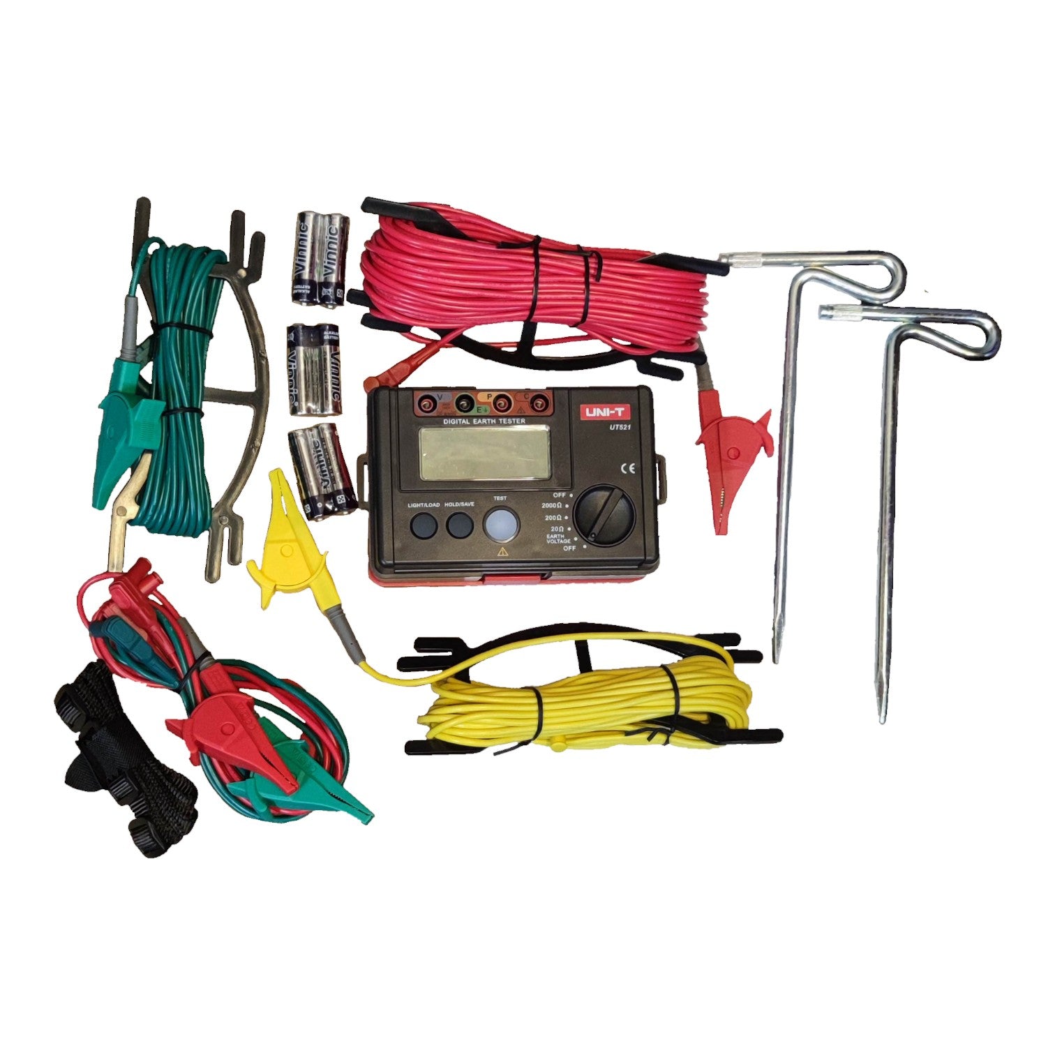 UNI-T Digital Earth Leakage Tester with various leads and electrodes for accurate electrical testing