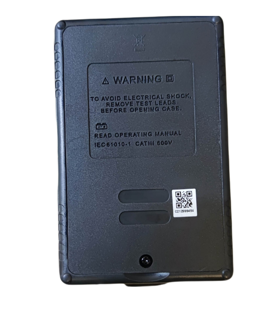 Back view of Electx Electrical Supply digital earth leakage tester showing warning label and safety instructions