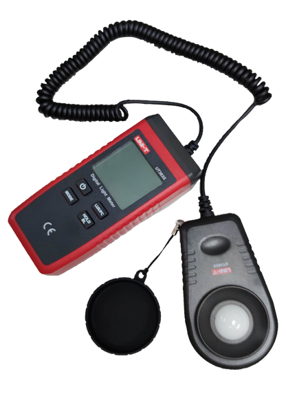 UNI-T Digital Light Meter UT383S with handheld sensor and coiled cable for accurate light measurement