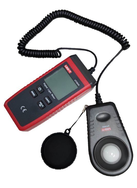UNI-T Digital Light Meter UT383S with handheld sensor and coiled cable for accurate light measurement