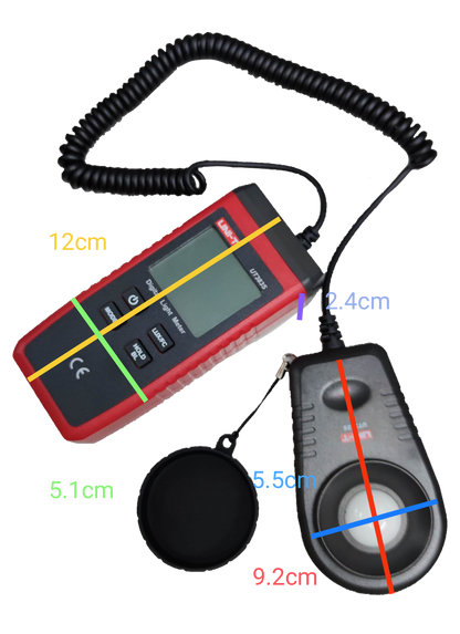 UNI-T Digital Light Meter UT383S with connected light sensor and protective cover for electrical testing