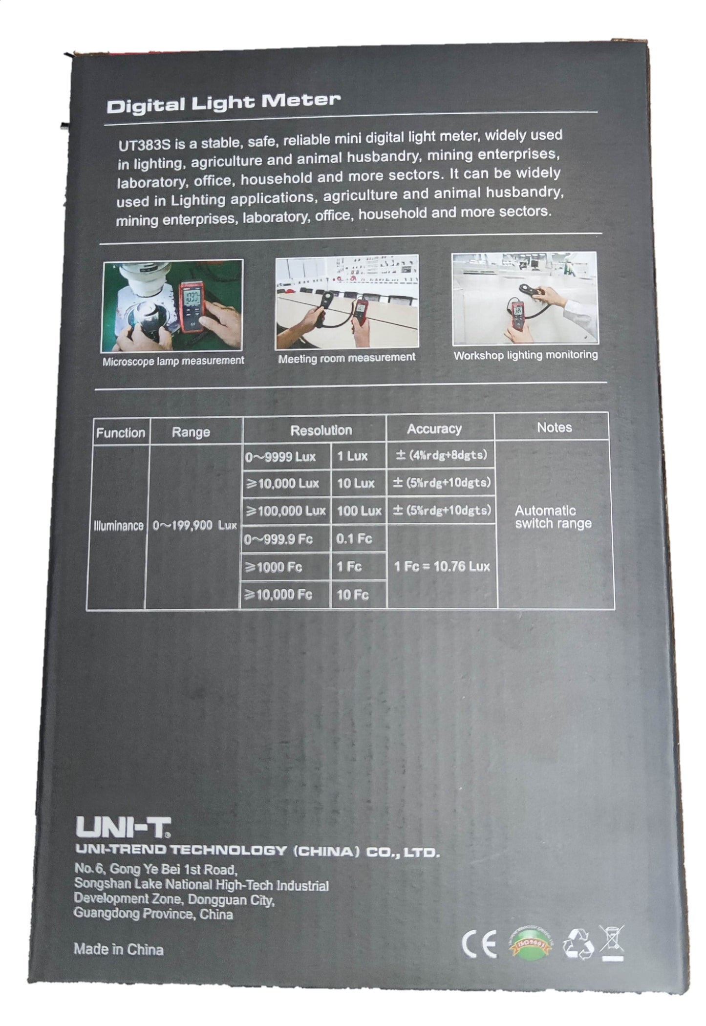 Back packaging of UNI-T Digital Light Meter UT383S showing product features and specifications
