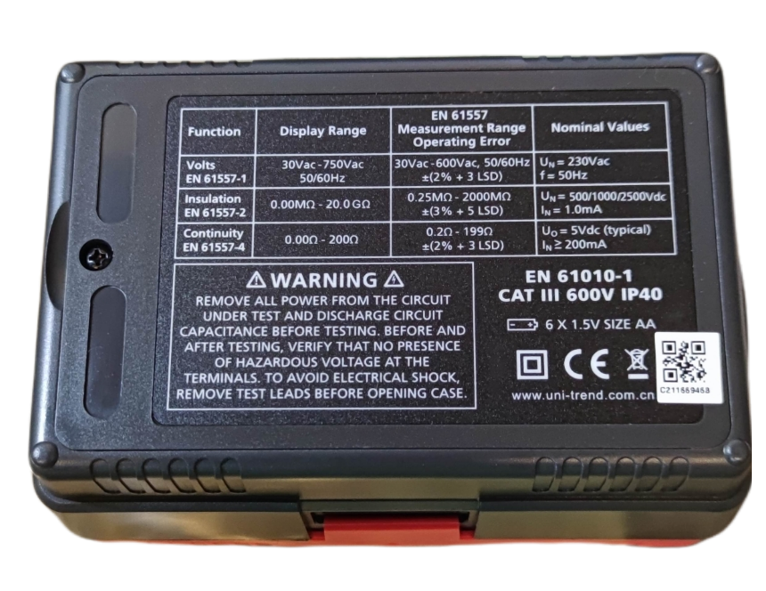 UNI-T Digital Resistance Tester with detailed safety and measurement specifications label