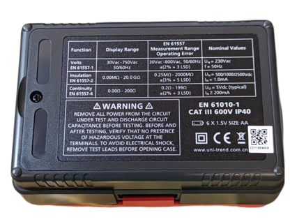 UNI-T Digital Resistance Tester with detailed safety and measurement specifications label