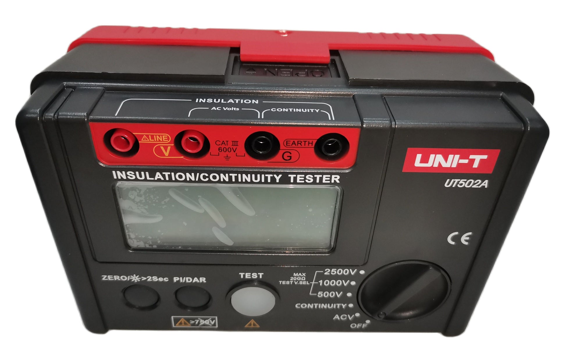 UNI-T UT502A Digital Resistance Tester with insulation and continuity testing functions in black and red design