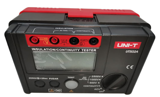 UNI-T UT502A Digital Resistance Tester with insulation and continuity testing functions in black and red design