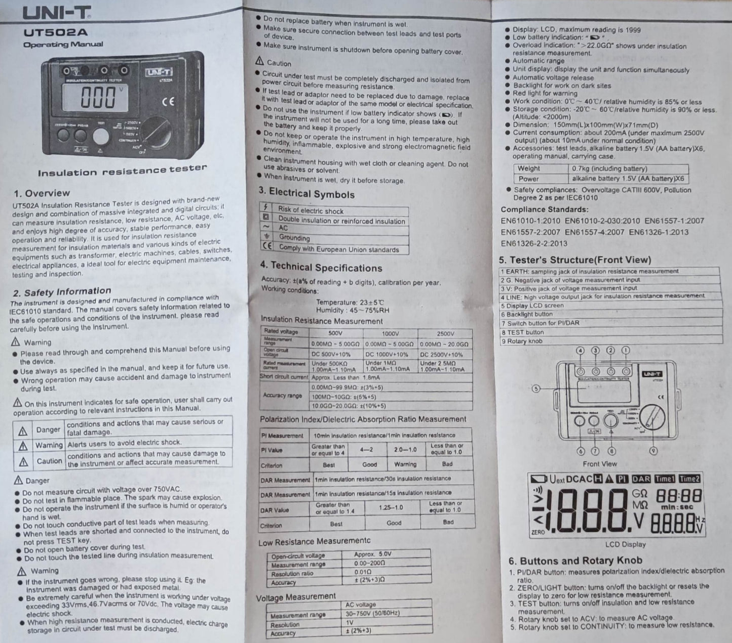 UNI-T UT5082A Digital Resistance Tester with LCD display and detailed user manual for electrical measurements