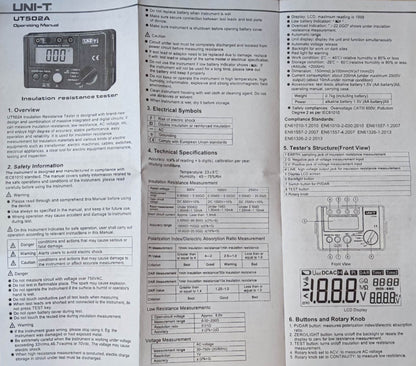 UNI-T UT5082A Digital Resistance Tester with LCD display and detailed user manual for electrical measurements