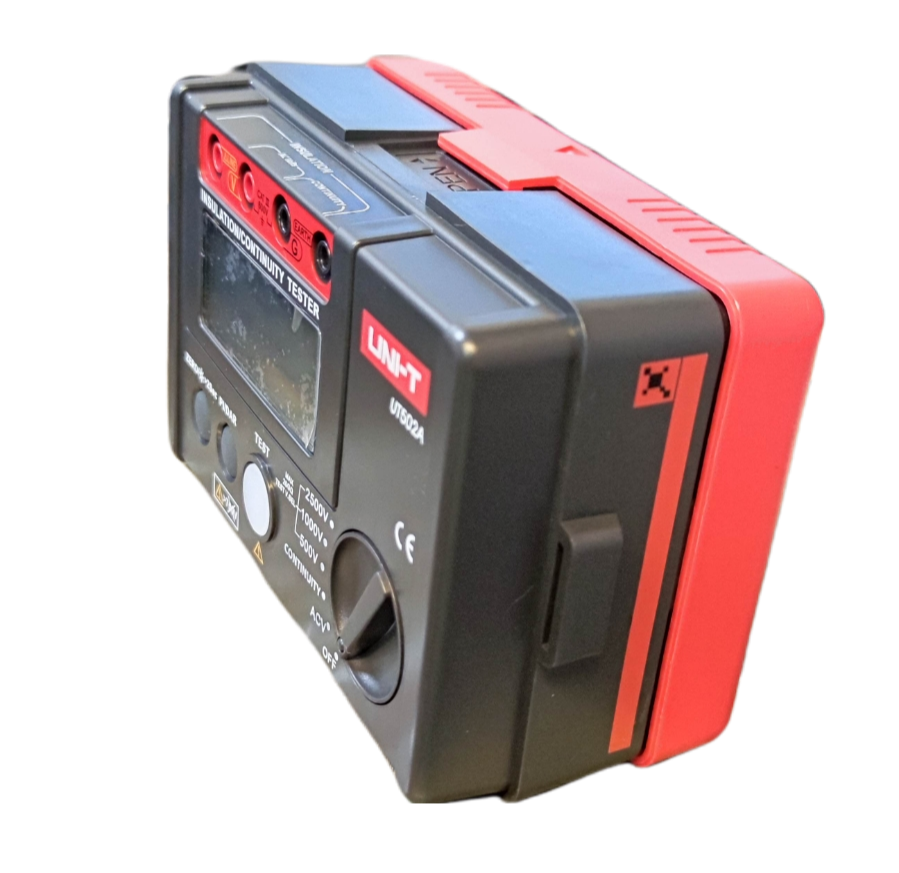 UNI-T Digital Resistance Tester with red and black casing and multiple input ports for electrical testing