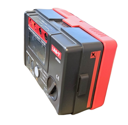 UNI-T Digital Resistance Tester with red and black casing and multiple input ports for electrical testing