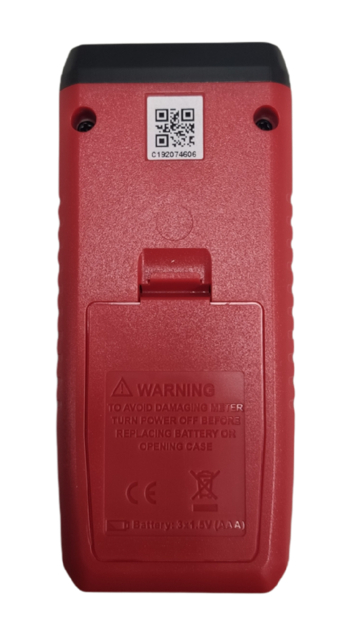 Back view of UNI-T Mini Non Contact Tachometer UT373 showing battery compartment and warning label