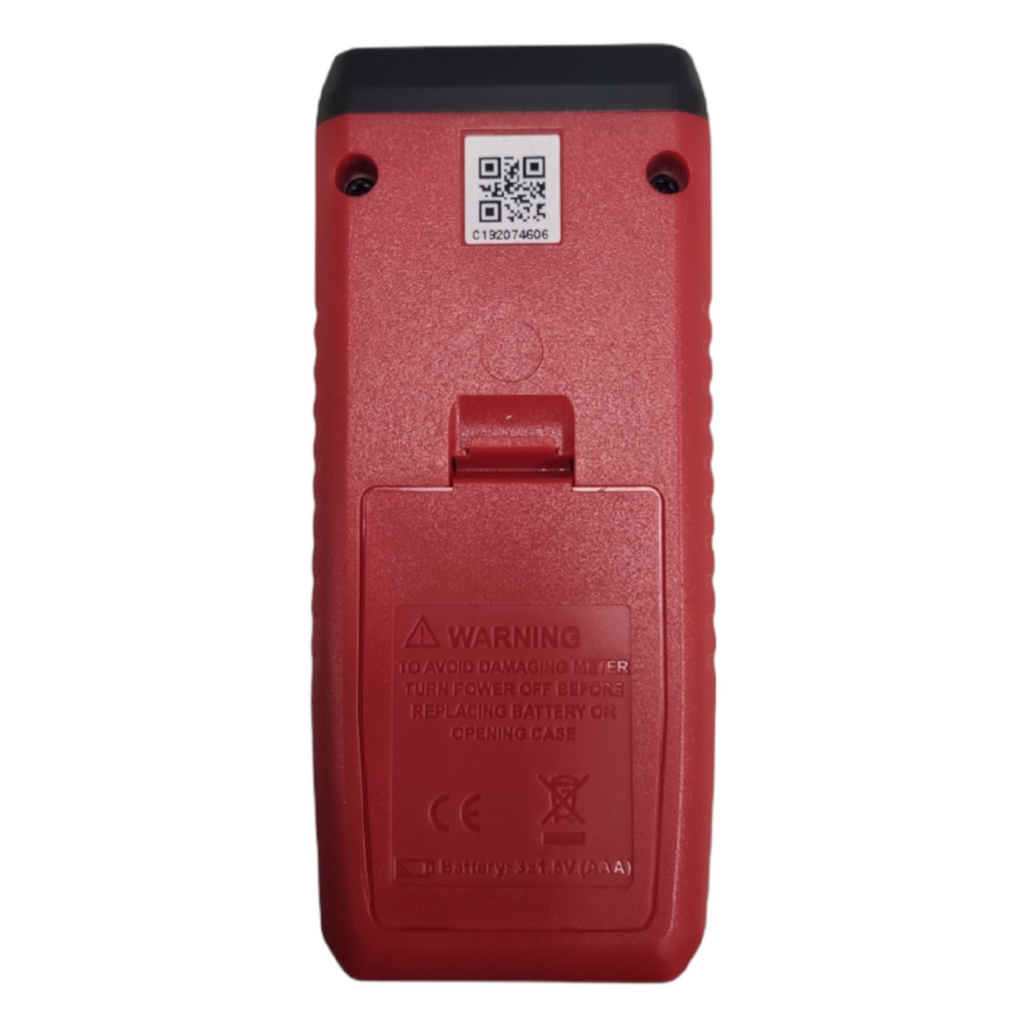 Back view of the Mini Non Contact Tachometer UT373 showing battery compartment and warning label