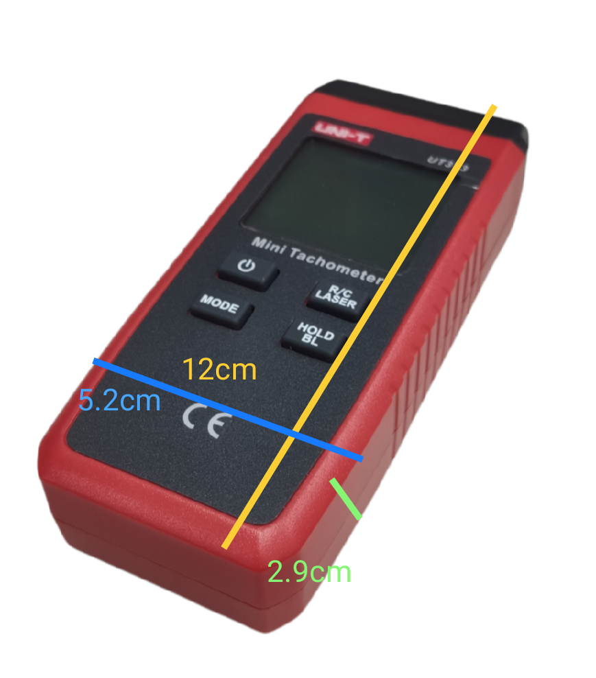 UNI-T Mini Non Contact Tachometer UT373 handheld device in red and black with digital display and control buttons
